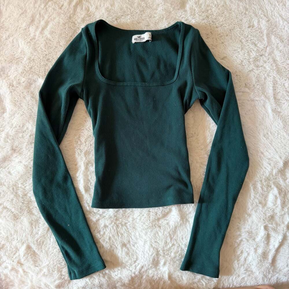 Hollister Ribbed Square Neck Long Sleeve Top - Emerald Green